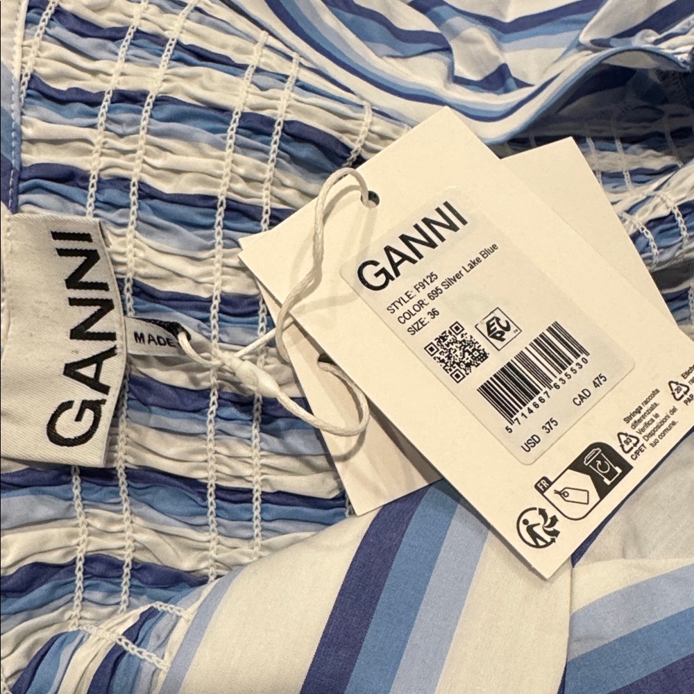 Coastal Blue Stripe Midi Dress Puff Sleeve Smocked Summer GANNI NWT - Picture 11 of 12